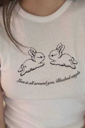 Cute Rabbit Print Slim Fit Short Sleeve Cotton T-Shirt for Women - Korean Niche Design, Heavyweight Fabric, Trendy Style