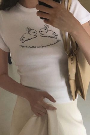 Cute Rabbit Print Slim Fit Short Sleeve Cotton T-Shirt for Women - Korean Niche Design, Heavyweight Fabric, Trendy Style