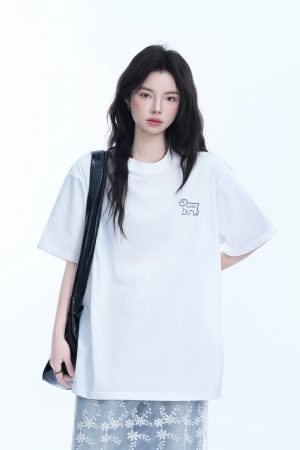 Cute White Oversized Short Sleeve T-Shirt for Women with Sheep Graphic - Summer Y2K Style, Casual Loose Fit