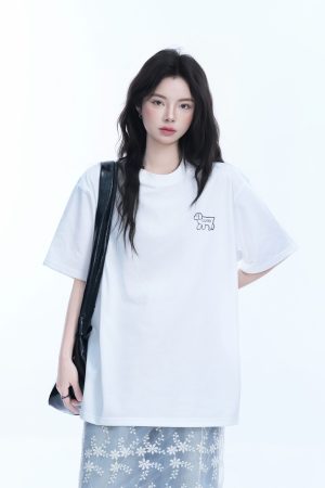 Cute White Oversized Short Sleeve T-Shirt for Women with Sheep Graphic - Summer Y2K Style, Casual Loose Fit