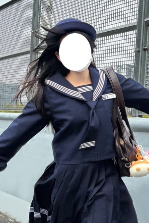 Dark Blue Japanese Style Long Sleeve JK Uniform Set for Women - Pudding Bear Pudding Bear Inspired Spring Fashion
