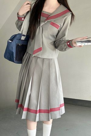 Dark Blue Japanese Style Long Sleeve JK Uniform Set for Women - Pudding Bear Pudding Bear Inspired Spring Fashion