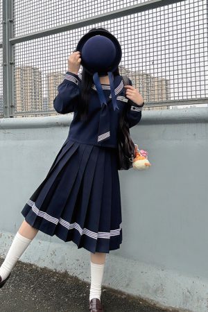 Dark Blue Japanese Style Long Sleeve JK Uniform Set for Women - Pudding Bear Pudding Bear Inspired Spring Fashion