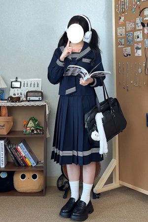 Dark Blue Japanese Style Long Sleeve JK Uniform Set for Women - Pudding Bear Pudding Bear Inspired Spring Fashion