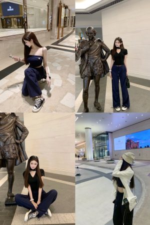 Dark Blue Low-Waist Cargo Pants for Women - Loose Fit, Slimming Casual Floor-Length Style, Perfect for Y2K and Everyday Wear