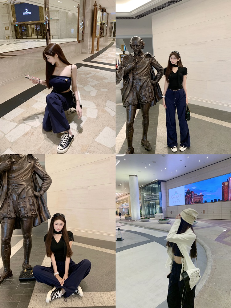 Dark Blue Low-Waist Cargo Pants for Women - Loose Fit, Slimming Casual Floor-Length Style, Perfect for Y2K and Everyday Wear Dark Blue Low-Waist Cargo Pants for Women - Loose Fit, Slimming Casual Floor-Length Style, Perfect for Y2K and Everyday Wear