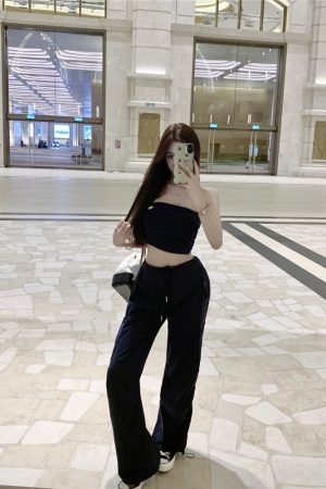 Dark Blue Low-Waist Cargo Pants for Women - Loose Fit, Slimming Casual Floor-Length Style, Perfect for Y2K and Everyday Wear