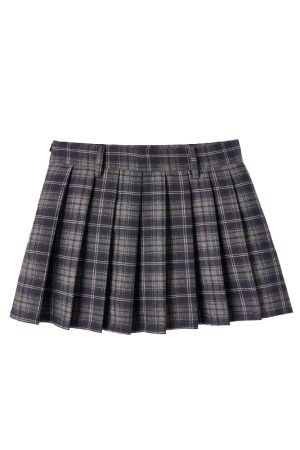 Dark Blue Plaid Pleated Skirt for Autumn & Winter - Mid-Low Waist, Lined, Punk Style, Niche Fashion, Trendy Layering Piece