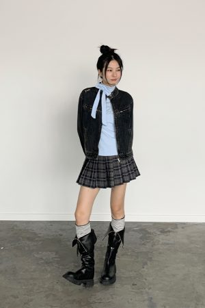 Dark Blue Plaid Pleated Skirt for Autumn & Winter - Mid-Low Waist, Lined, Punk Style, Niche Fashion, Trendy Layering Piece