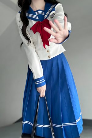 Dark Blue Sailor Suit Set - Japanese JK Uniform with Pudding Bear Design, College Style Long Skirt, Summer Fashion