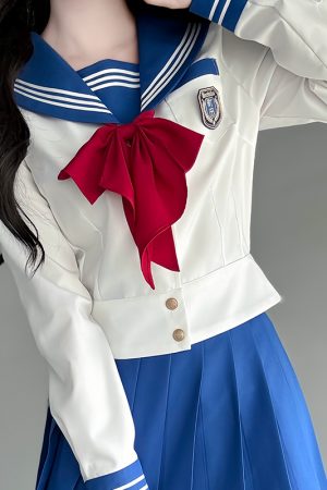 Dark Blue Sailor Suit Set - Japanese JK Uniform with Pudding Bear Design, College Style Long Skirt, Summer Fashion
