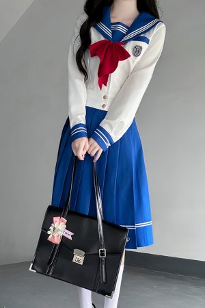 Dark Blue Sailor Suit Set - Japanese JK Uniform with Pudding Bear Design, College Style Long Skirt, Summer Fashion