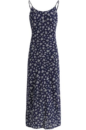 Dark Blue Spaghetti Strap Tea-Length Dress - French Style Vacation Dress for Women, Summer 2025 Fashion