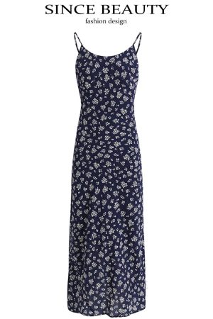 Dark Blue Spaghetti Strap Tea-Length Dress - French Style Vacation Dress for Women, Summer 2025 Fashion