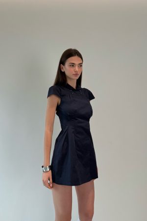 Dark Blue Waist-Cinching Dress with Small Lapel - High-Level Girlish Charm, Mystical Fashion Inspired, Y2K Style