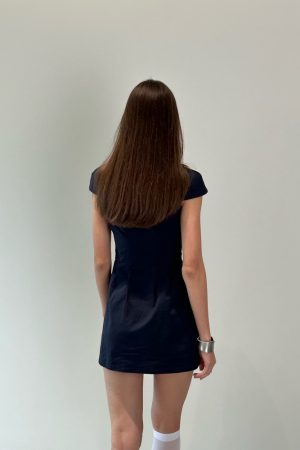 Dark Blue Waist-Cinching Dress with Small Lapel - High-Level Girlish Charm, Mystical Fashion Inspired, Y2K Style
