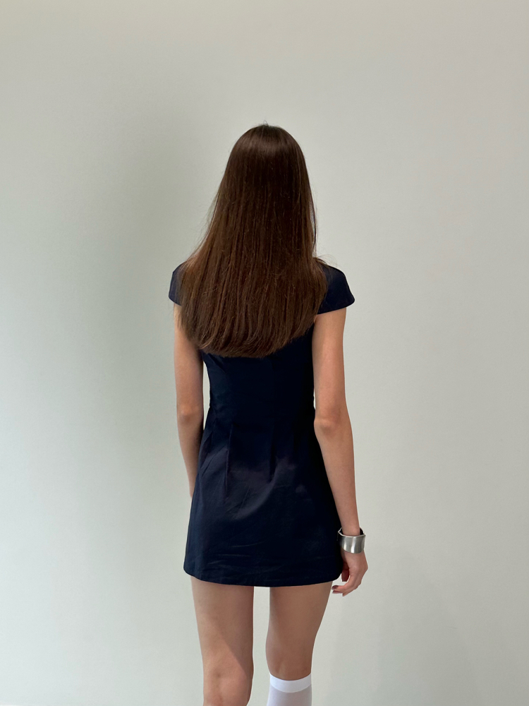 Dark Blue Waist-Cinching Dress with Small Lapel - High-Level Girlish Charm, Mystical Fashion Inspired, Y2K Style Dark Blue Waist-Cinching Dress with Small Lapel - High-Level Girlish Charm, Mystical Fashion Inspired, Y2K Style