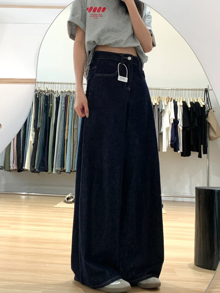 Dark Blue Wide-Leg Jeans for Plus-Size Women - 2025 Loose Fit, Flattering Casual Pants, Relaxed Style Dark Blue Wide-Leg Jeans for Plus-Size Women - 2025 Loose Fit, Flattering Casual Pants, Relaxed Style