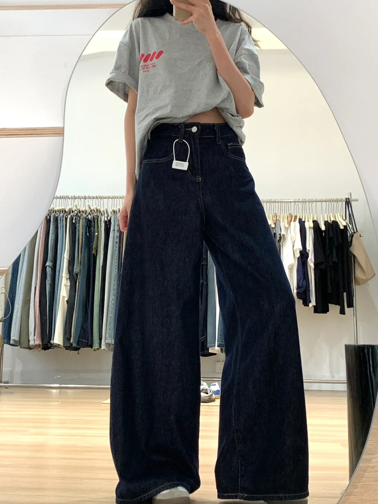 Dark Blue Wide-Leg Jeans for Plus-Size Women - 2025 Loose Fit, Flattering Casual Pants, Relaxed Style Dark Blue Wide-Leg Jeans for Plus-Size Women - 2025 Loose Fit, Flattering Casual Pants, Relaxed Style