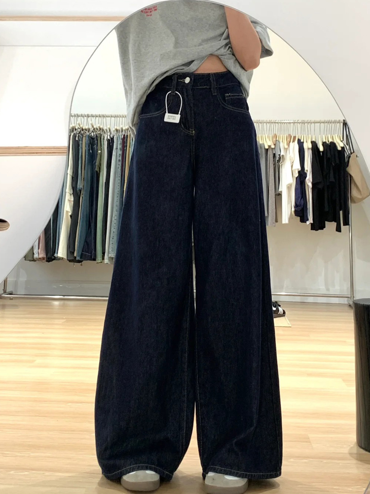 Dark Blue Wide-Leg Jeans for Plus-Size Women - 2025 Loose Fit, Flattering Casual Pants, Relaxed Style Dark Blue Wide-Leg Jeans for Plus-Size Women - 2025 Loose Fit, Flattering Casual Pants, Relaxed Style