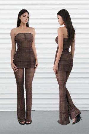 Dark Brown Plaid Vintage Fitted Strapless Jumpsuit - 90s Inspired Fashion Statement Piece