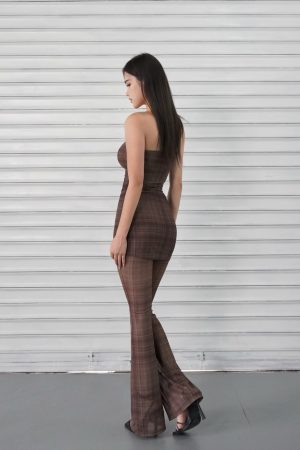 Dark Brown Plaid Vintage Fitted Strapless Jumpsuit - 90s Inspired Fashion Statement Piece
