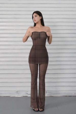 Dark Brown Plaid Vintage Fitted Strapless Jumpsuit - 90s Inspired Fashion Statement Piece