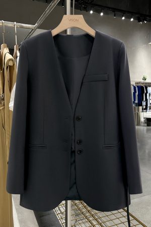 Dark Gray Collarless Lightweight Casual Windbreaker Jacket for Women - 2025 Spring Autumn Minimalist Tie Waist Slimming Style