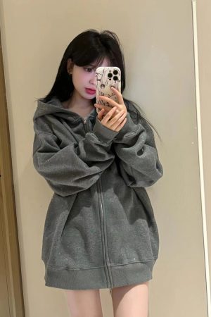 Dark Gray Glitter Hooded Zip-Up Sweatshirt for Women - Trendy Autumn Winter 2024 Jacket in Stylish Lazy Streetwear