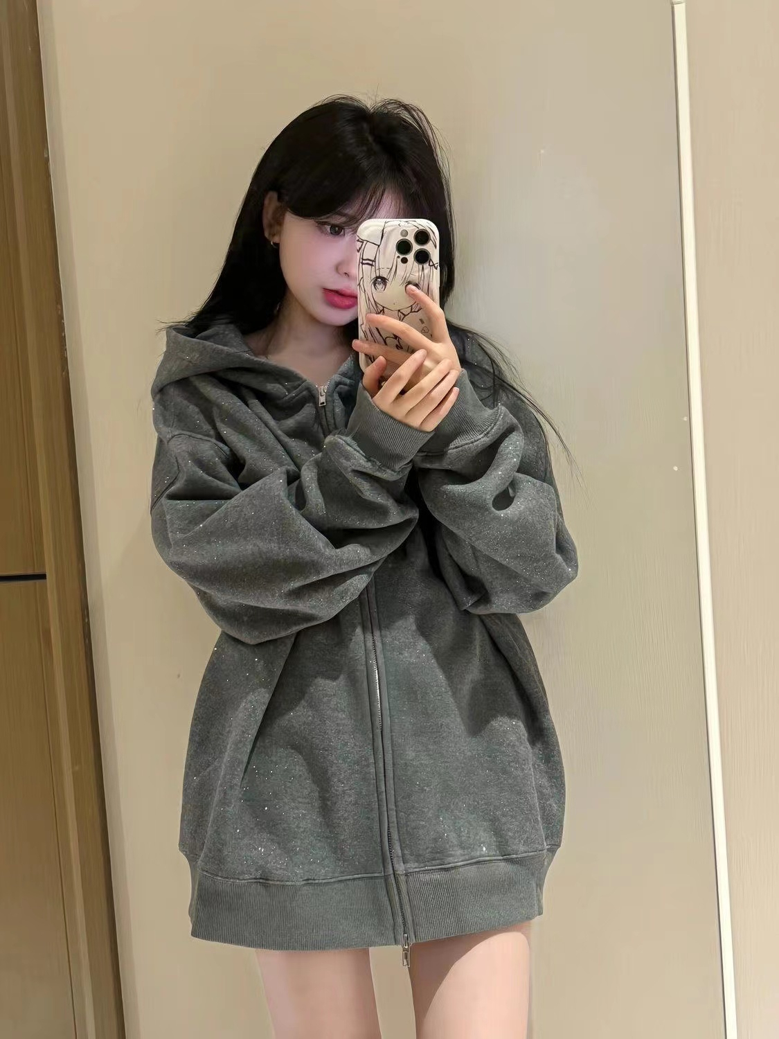 Dark Gray Glitter Hooded Zip-Up Sweatshirt for Women - Trendy Autumn Winter 2024 Jacket in Stylish Lazy Streetwear Dark Gray Glitter Hooded Zip-Up Sweatshirt for Women - Trendy Autumn Winter 2024 Jacket in Stylish Lazy Streetwear
