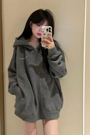 Dark Gray Glitter Hooded Zip-Up Sweatshirt for Women - Trendy Autumn Winter 2024 Jacket in Stylish Lazy Streetwear