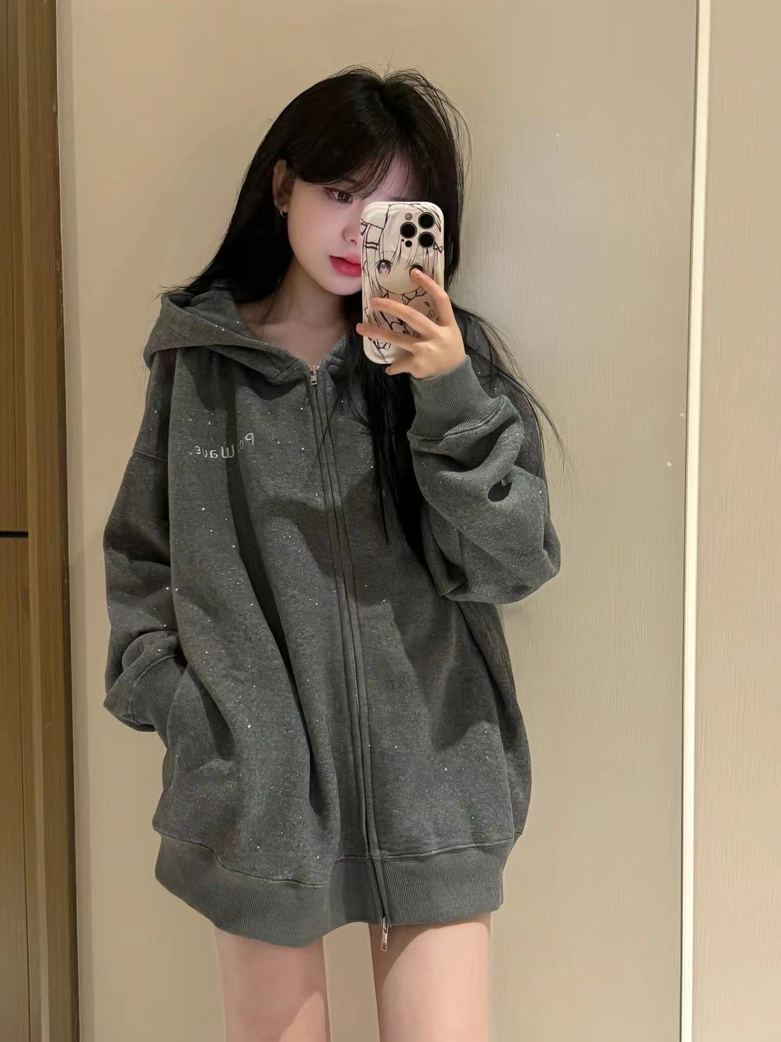 Dark Gray Glitter Hooded Zip-Up Sweatshirt for Women - Trendy Autumn Winter 2024 Jacket in Stylish Lazy Streetwear Dark Gray Glitter Hooded Zip-Up Sweatshirt for Women - Trendy Autumn Winter 2024 Jacket in Stylish Lazy Streetwear