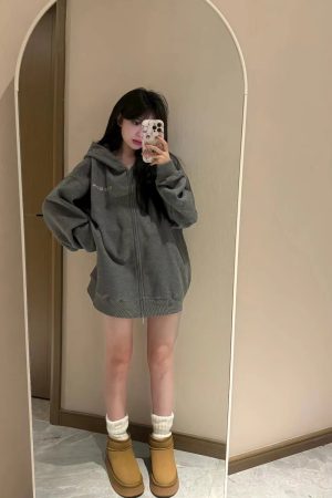 Dark Gray Glitter Hooded Zip-Up Sweatshirt for Women - Trendy Autumn Winter 2024 Jacket in Stylish Lazy Streetwear