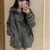 Dark Gray Glitter Hooded Zip-Up Sweatshirt for Women - Trendy Autumn Winter 2024 Jacket in Stylish Lazy Streetwear