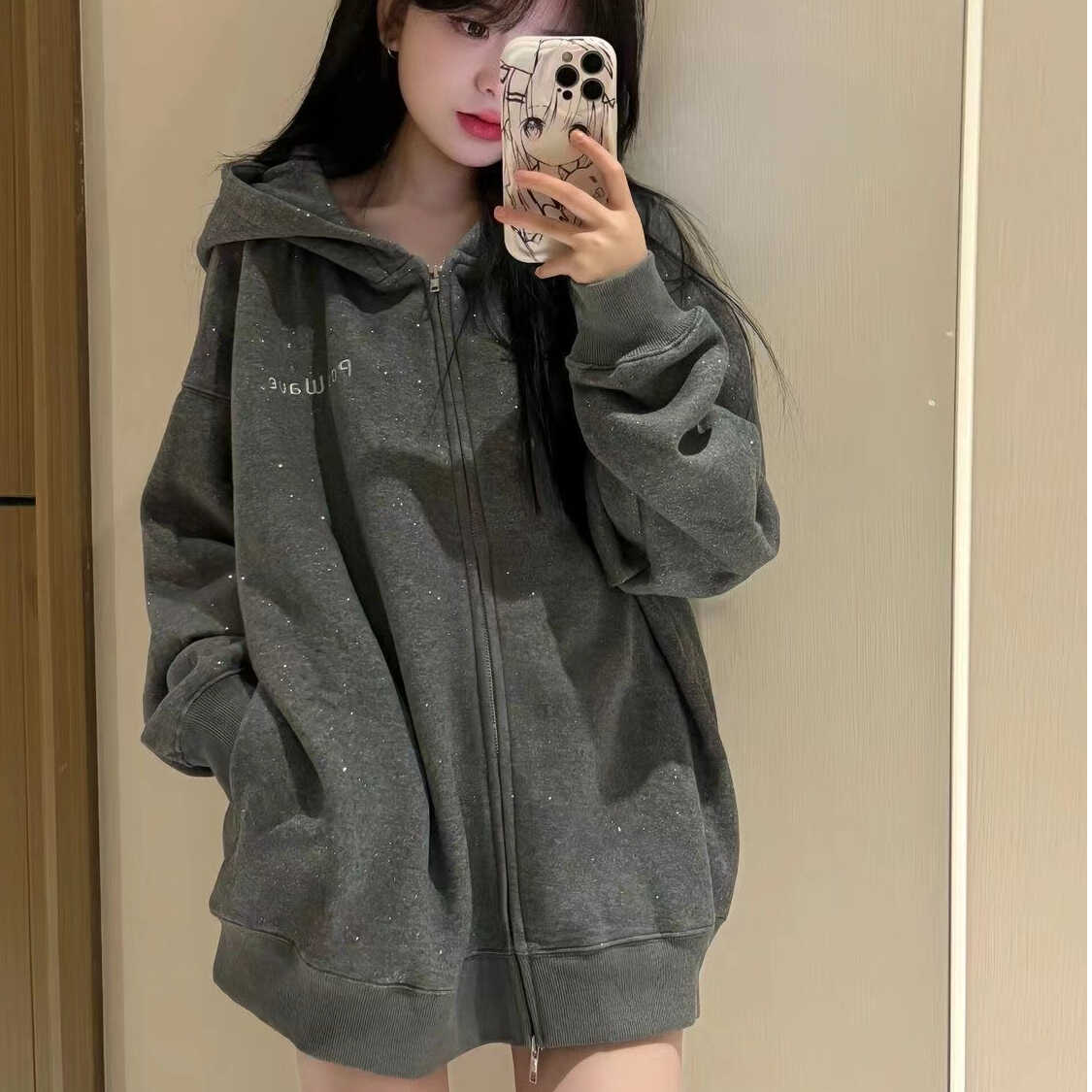 Dark Gray Glitter Hooded Zip-Up Sweatshirt for Women - Trendy Autumn Winter 2024 Jacket in Stylish Lazy Streetwear Dark Gray Glitter Hooded Zip-Up Sweatshirt for Women - Trendy Autumn Winter 2024 Jacket in Stylish Lazy Streetwear