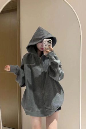 Dark Gray Glitter Hooded Zip-Up Sweatshirt for Women - Trendy Autumn Winter 2024 Jacket in Stylish Lazy Streetwear