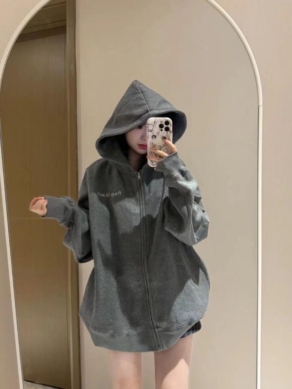 Dark Gray Glitter Hooded Zip-Up Sweatshirt for Women - Trendy Autumn Winter 2024 Jacket in Stylish Lazy Streetwear Dark Gray Glitter Hooded Zip-Up Sweatshirt for Women - Trendy Autumn Winter 2024 Jacket in Stylish Lazy Streetwear
