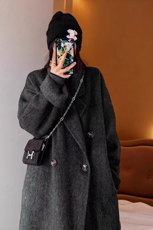 Dark Gray Reversible Cashmere Coat for Women - 2024 Autumn Winter Loose Fit Petite High-End Casual Wool Outerwear
