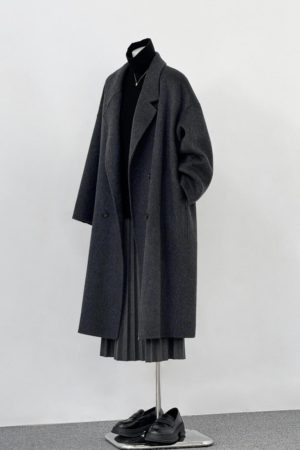 Dark Gray Reversible Cashmere Coat for Women - 2024 Autumn Winter Loose Fit Petite High-End Casual Wool Outerwear