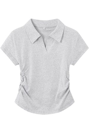 Dark Gray Women's Short Sleeve Polo Collar T-Shirt with Gathered Waist and Irregular Hem - Summer Essential, Trendy Casual Wear
