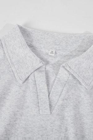 Dark Gray Women's Short Sleeve Polo Collar T-Shirt with Gathered Waist and Irregular Hem - Summer Essential, Trendy Casual Wear