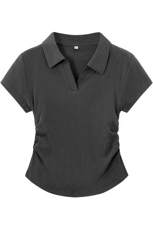 Dark Gray Women's Short Sleeve Polo Collar T-Shirt with Gathered Waist and Irregular Hem - Summer Essential, Trendy Casual Wear
