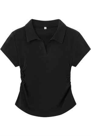 Dark Gray Women's Short Sleeve Polo Collar T-Shirt with Gathered Waist and Irregular Hem - Summer Essential, Trendy Casual Wear