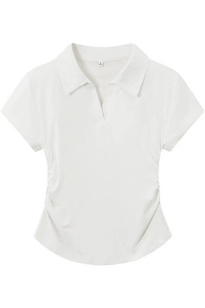 Dark Gray Women's Short Sleeve Polo Collar T-Shirt with Gathered Waist and Irregular Hem - Summer Essential, Trendy Casual Wear