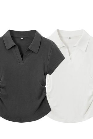 Dark Gray Women's Short Sleeve Polo Collar T-Shirt with Gathered Waist and Irregular Hem - Summer Essential, Trendy Casual Wear