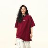 Dark Red Heavyweight Cotton Short-Sleeve T-Shirt for Women with Retro Letter Print â€“ Stylish American 90s Vintage Look