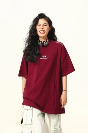 Dark Red Heavyweight Cotton Short-Sleeve T-Shirt for Women with Retro Letter Print â€“ Stylish American 90s Vintage Look