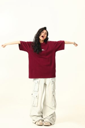 Dark Red Heavyweight Cotton Short-Sleeve T-Shirt for Women with Retro Letter Print â€“ Stylish American 90s Vintage Look