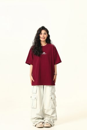 Dark Red Heavyweight Cotton Short-Sleeve T-Shirt for Women with Retro Letter Print â€“ Stylish American 90s Vintage Look