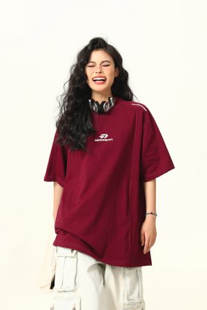 Dark Red Heavyweight Cotton Short-Sleeve T-Shirt for Women with Retro Letter Print â€“ Stylish American 90s Vintage Look